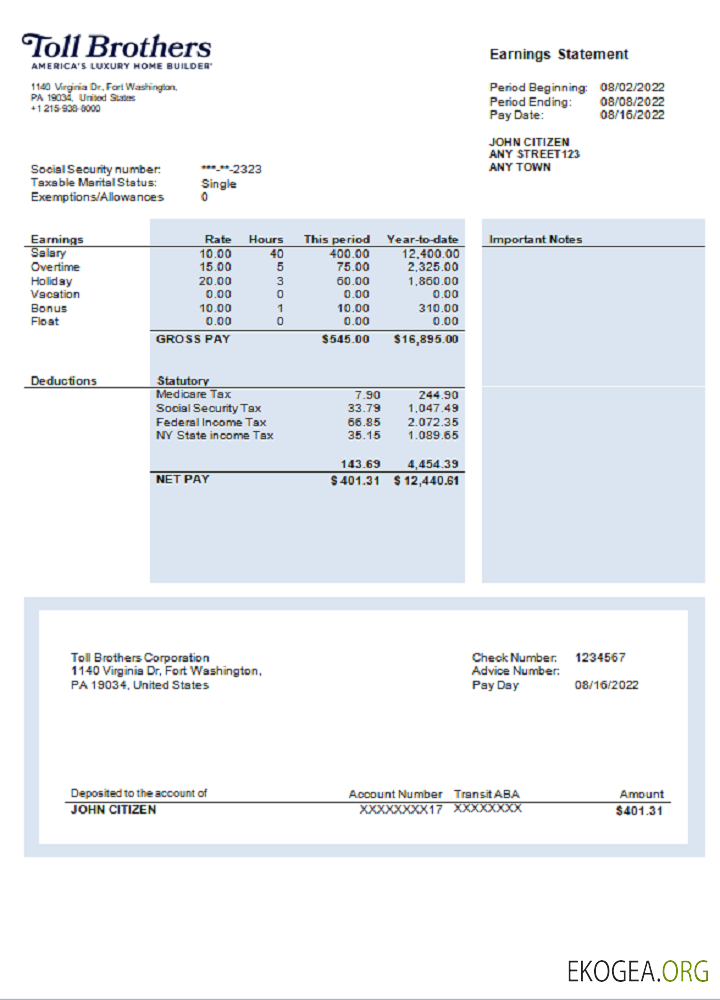 Déclaration de résultats d'une entreprise de construction américaine
